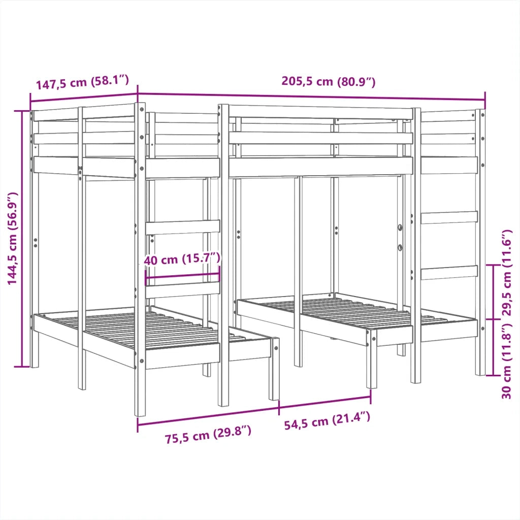 Letto da camera | Giroletto Castello Triplo 140x200/70x140cm Legno Massello Pino