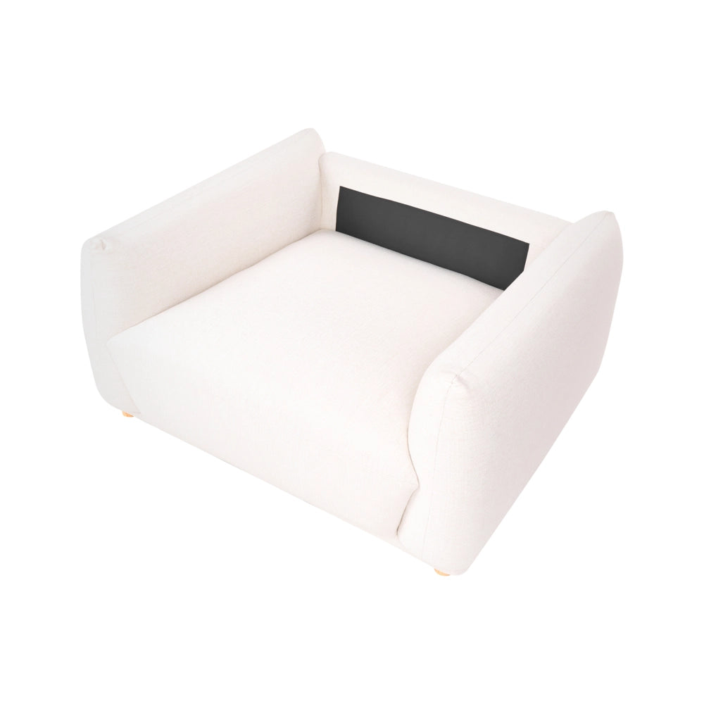 Poltrona da salotto con schienale in tessuto e gambe in legno bianco sporco stile moderno