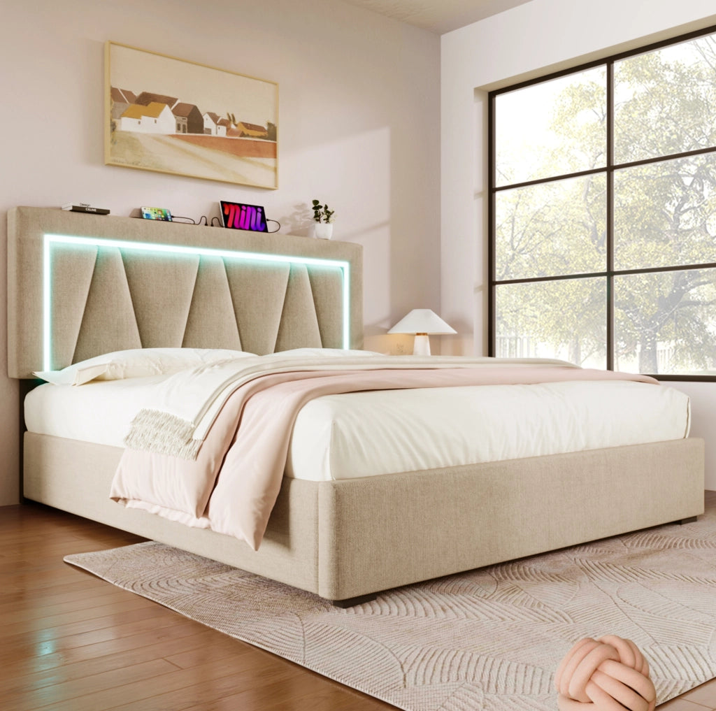 Letto matrimoniale contenitore 140x200 cm beige con LED, USB-C e materasso
