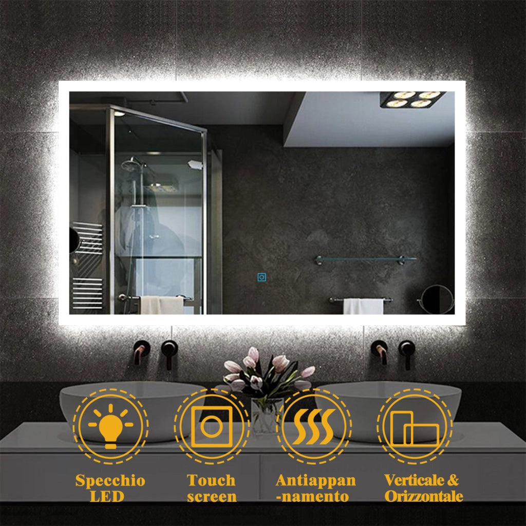Aica 100 x 60 cm Esoejo bagno a led antiappannamento + luce bianca fredda + sensore tattile
