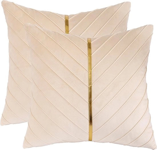 Set di due cuscini con finitura in pelle cremo, con decorazione in pelle dorata, di lusso e moderno design, adatto per soggiorno, camera da letto, divano e letto.