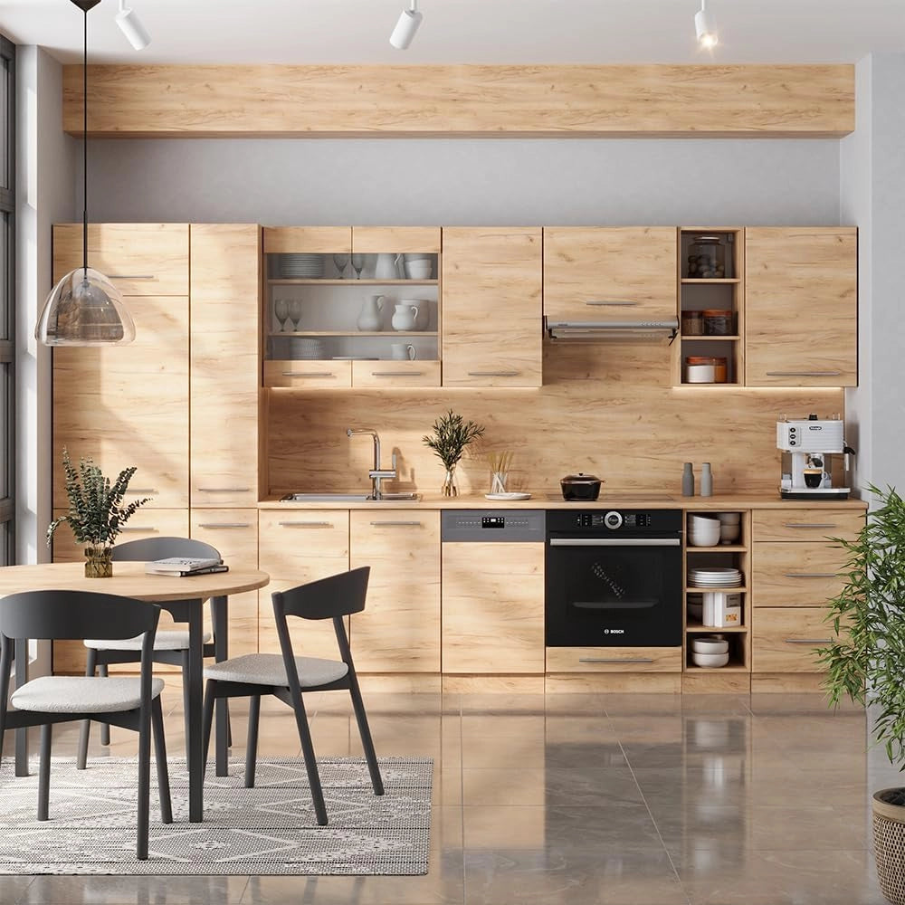 Cucina componibile Fame-Line, Quercia dorata, 355 cm senza piano di lavoro, adatto per l'espansione personalizzata con moduli aggiuntivi