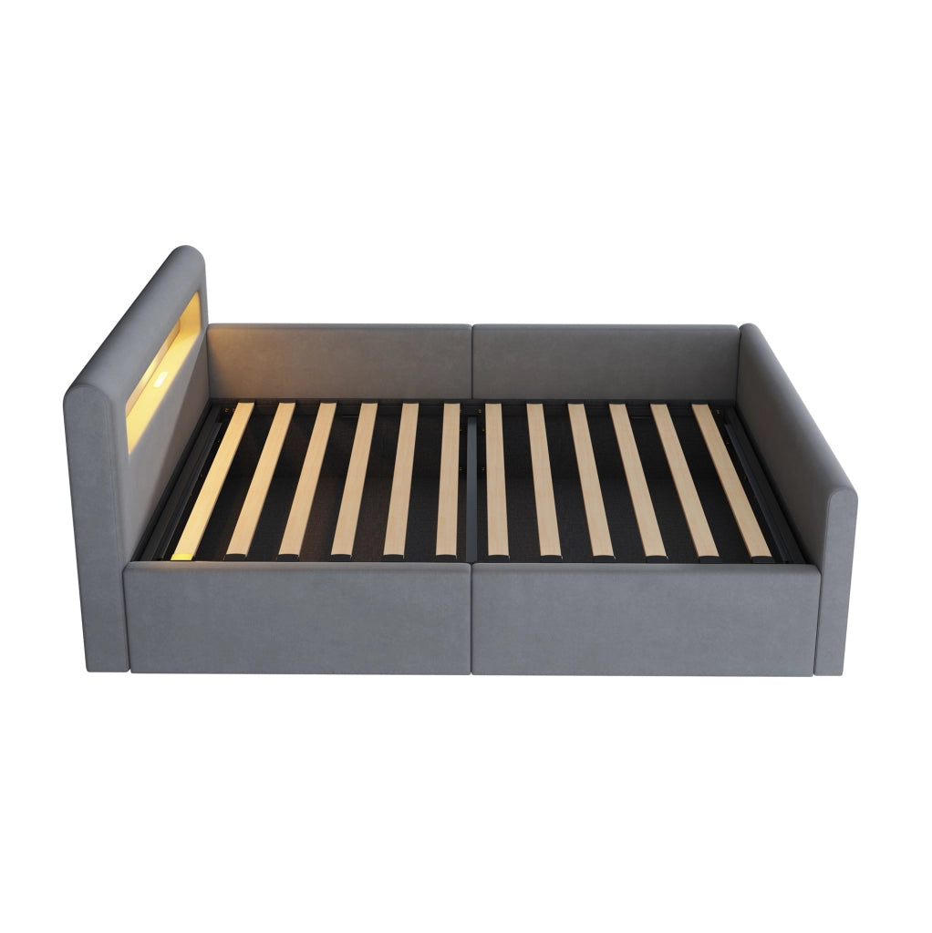 Letto imbottito 90x200 cm con LED; luce notturna; USB e contenitore idraulico in velluto grigio