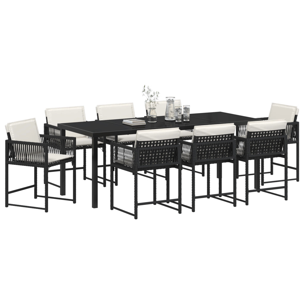 Set da pranzo da giardino 9 Pezzi con Cuscini Nero Rattan Poliestere