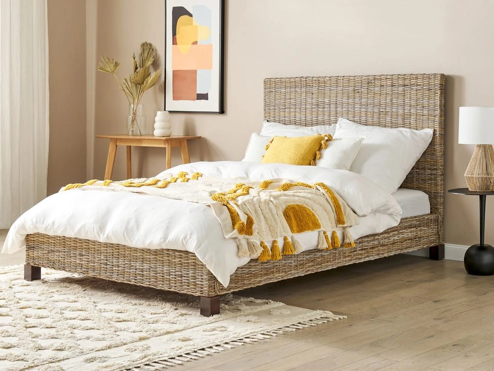 Letto a pannello Rattan naturale Legno di mogano UE Doppio 140 x 200 cm Rete a doghe Testata intrecciata Moderna Boho