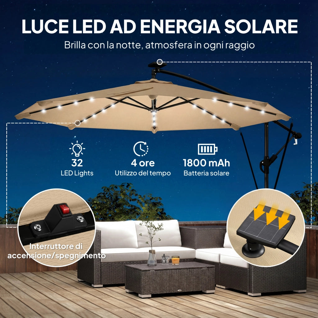 Ombrellone da Giardino Decentrato 330x295x245 cm con LED Solari in Metallo e Poliestere Cachi