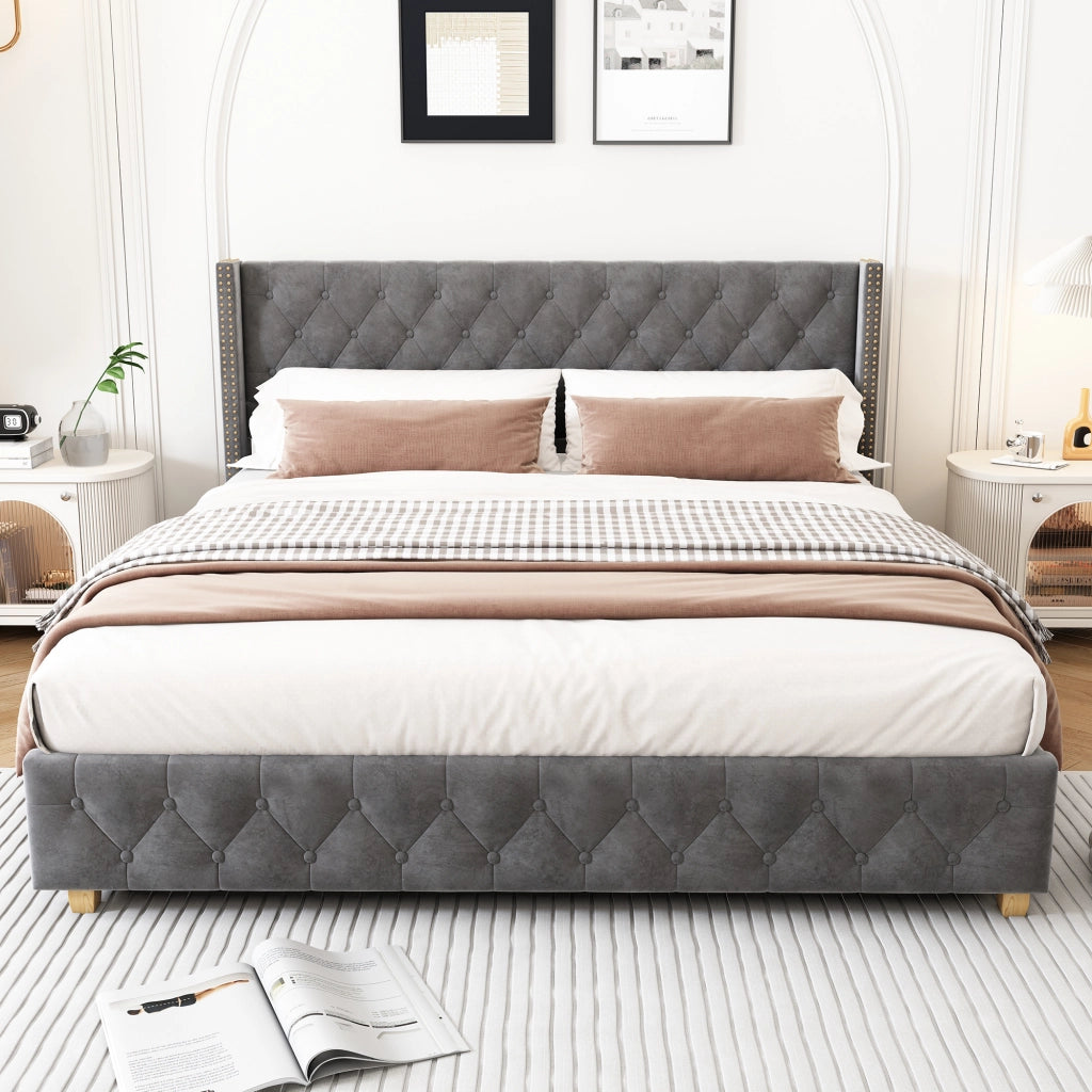Letto Adulto 140 x 190 cm; Letto Matrimoniale Imbottito con Testiera Trapuntata; senza Materasso; Velluto Grigio