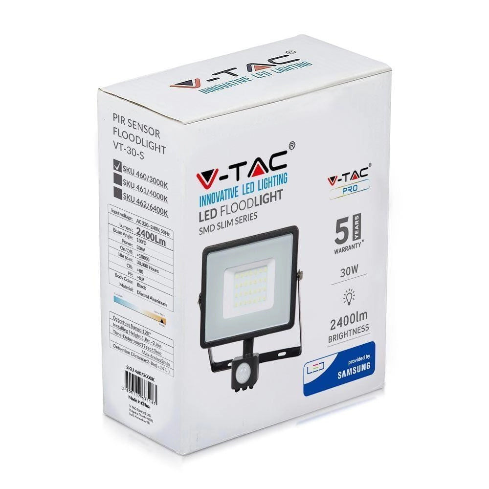 Faro LED V-TAC 30W Samsung con sensore nero IP65 2400lm