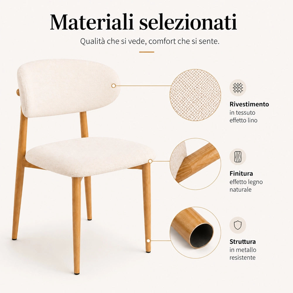 Set 4 Sedie da Pranzo con Gambe in Metallo Effetto Legno e Seduta Tessuto Beige