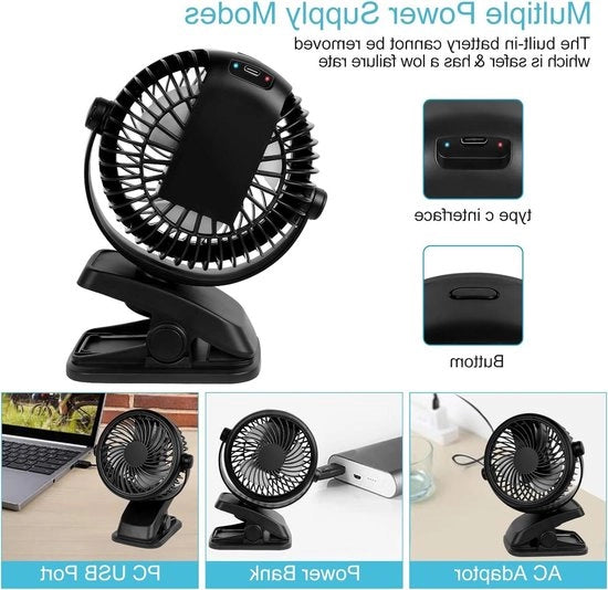 Ventilatore di tavolo silenzioso - batteria ricaricabile - 3 velocità - 360° girevole - per camera da letto, ufficio, lettino e campeggio