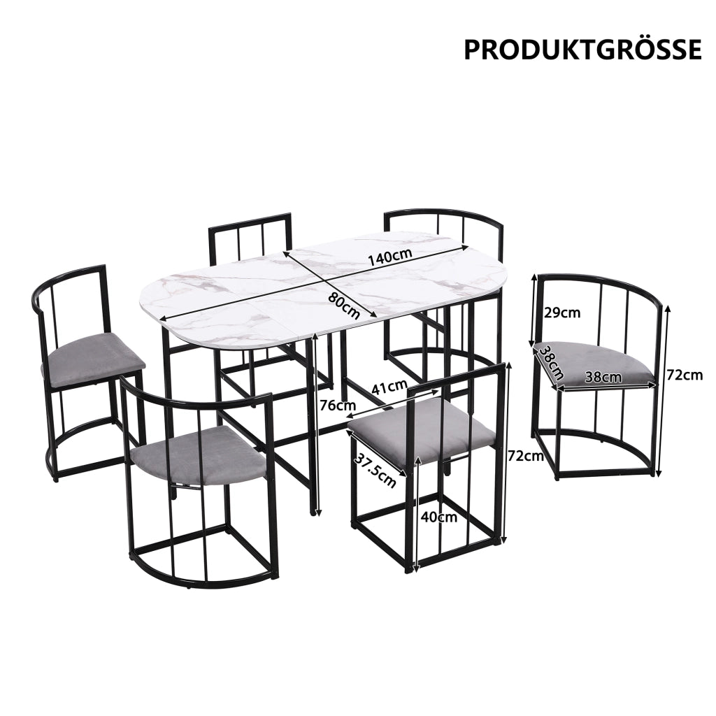 Set da pranzo con tavolo bianco e 6 sedie imbottite, struttura nera e stile moderno