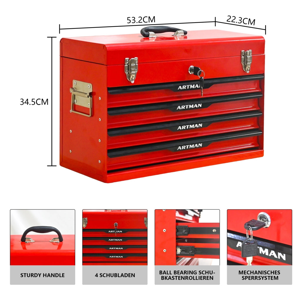 Baule da giardino in acciaio con 3 cassetti e vassoio superiore per officina e garage nero rosso 60 × 29,5 × 42,0 cm