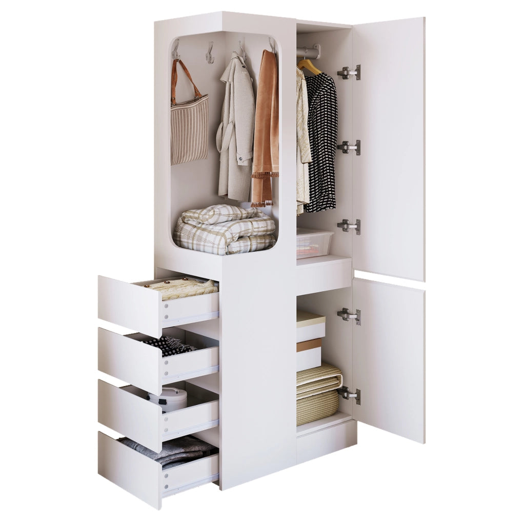 Armadio a un'anta 70x40x170 cm con 4 cassetti e vano appendiabiti aperto; bianco