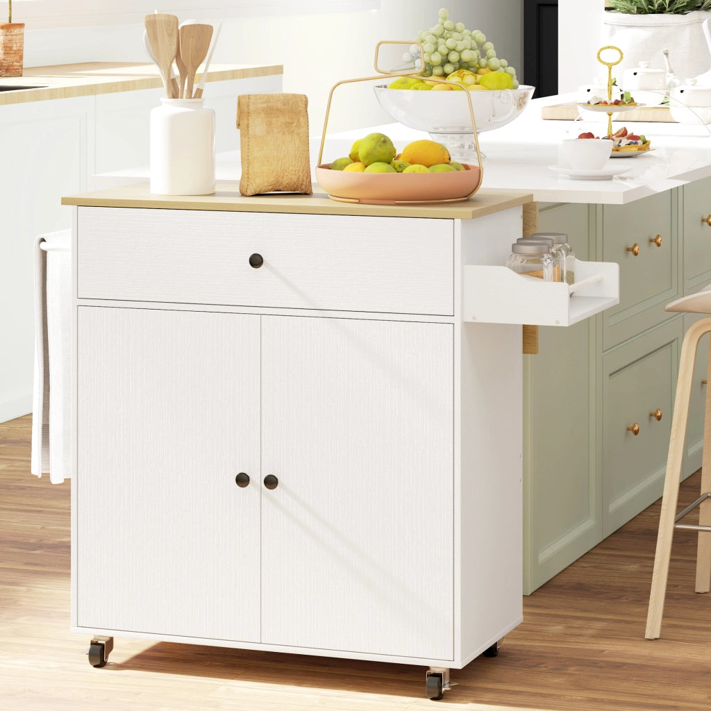 Carrello da Cucina con 1 Cassetto e 2 Ante; Piano Ribaltabile e Ripiano Regolabile; 106x42x87 cm; Bianco