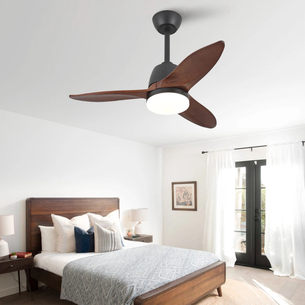 Ventilatore da soffitto moderno 36 pollici con LED; 3 pale in legno massello; nero e noce scuro