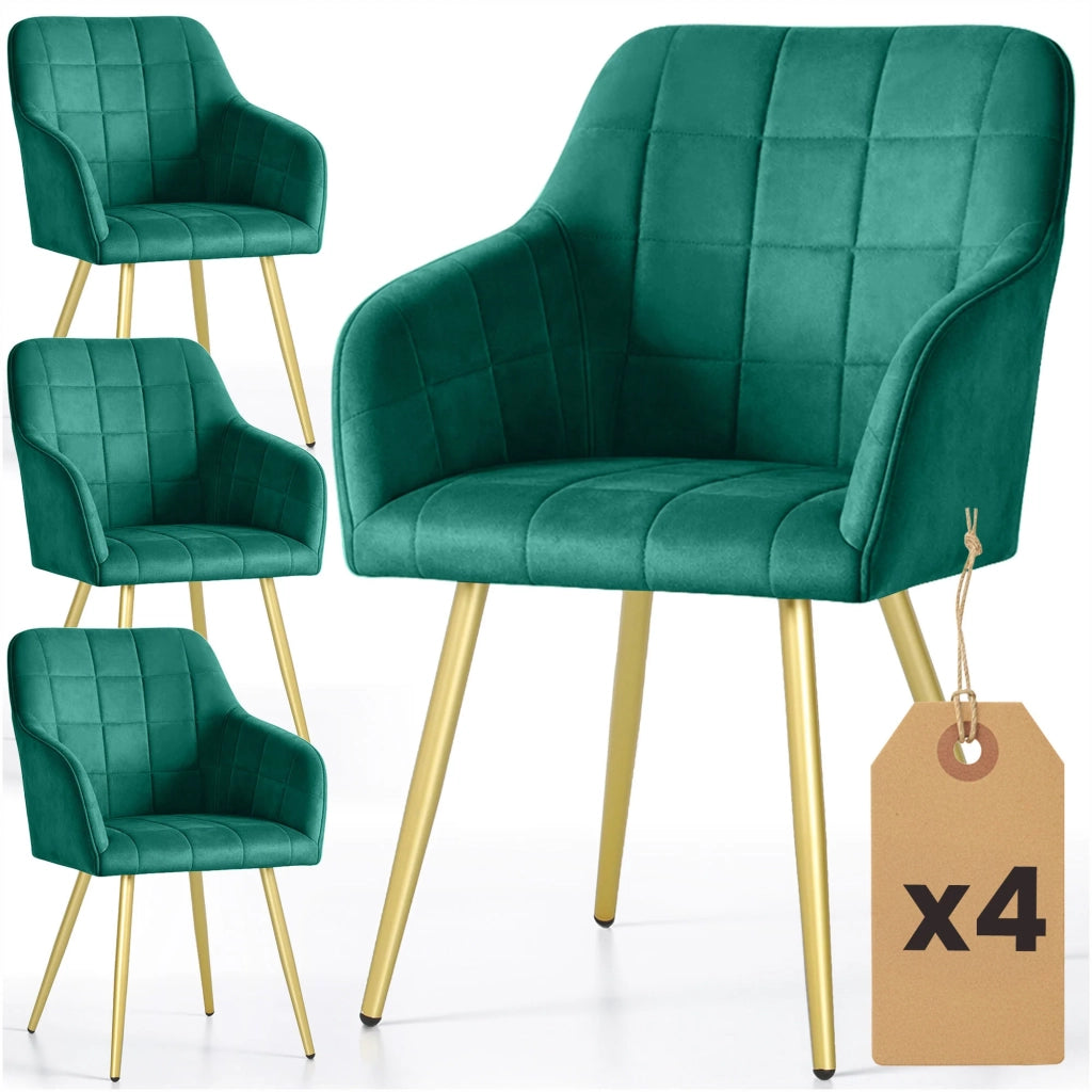 Set di 4 Sedie imbottite con cuciture quadrate LUXANO Verde Bottiglia gambe oro