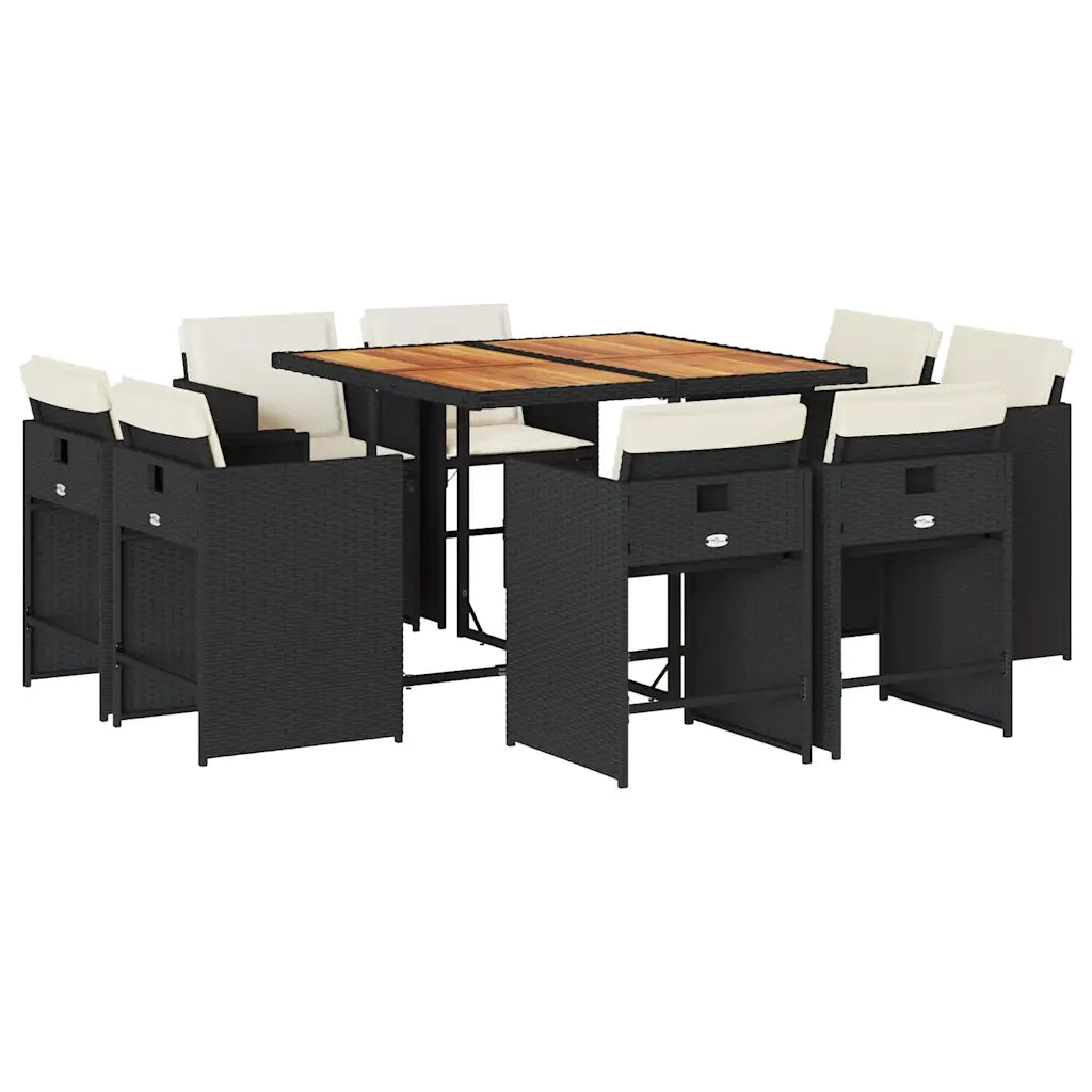 Set da Pranzo da Giardino 9 pz con Cuscini Nero in Polyrattan 3211203