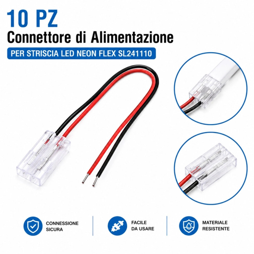 10 PZ Connettore di Alimentazione Per Striscia Led Neon Flex SL241110