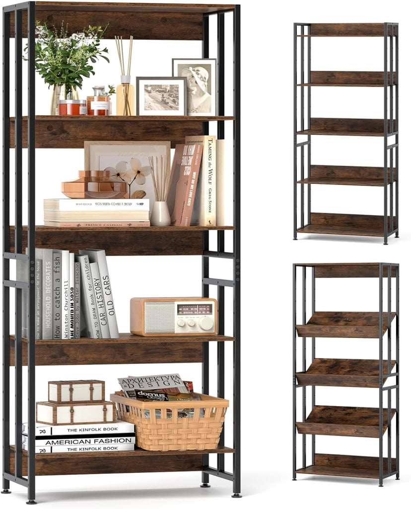 Libreria Aperta a 5 Ripiani Regolabili e Inclinabili, Scaffale Salvaspazio in Legno, Scaffale Portaoggetti Espositivo per Camera da Letto, Soggiorno e Cucina, 70 x 35 x 157 cm, Marrone Rustico