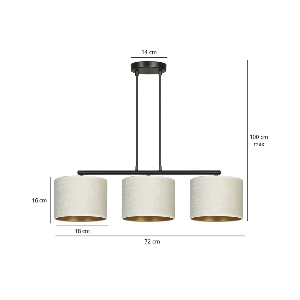 Lampadario 3 Luci Ganesha In Acciaio Nero E Paralumi In Tessuto Beige