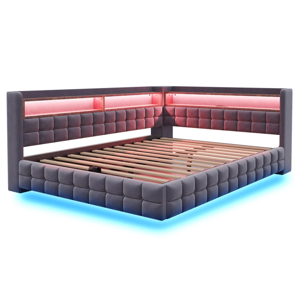 Divano letto 140x200 cm con vano idraulico; LED e prese USB/USB-C in velluto grigio