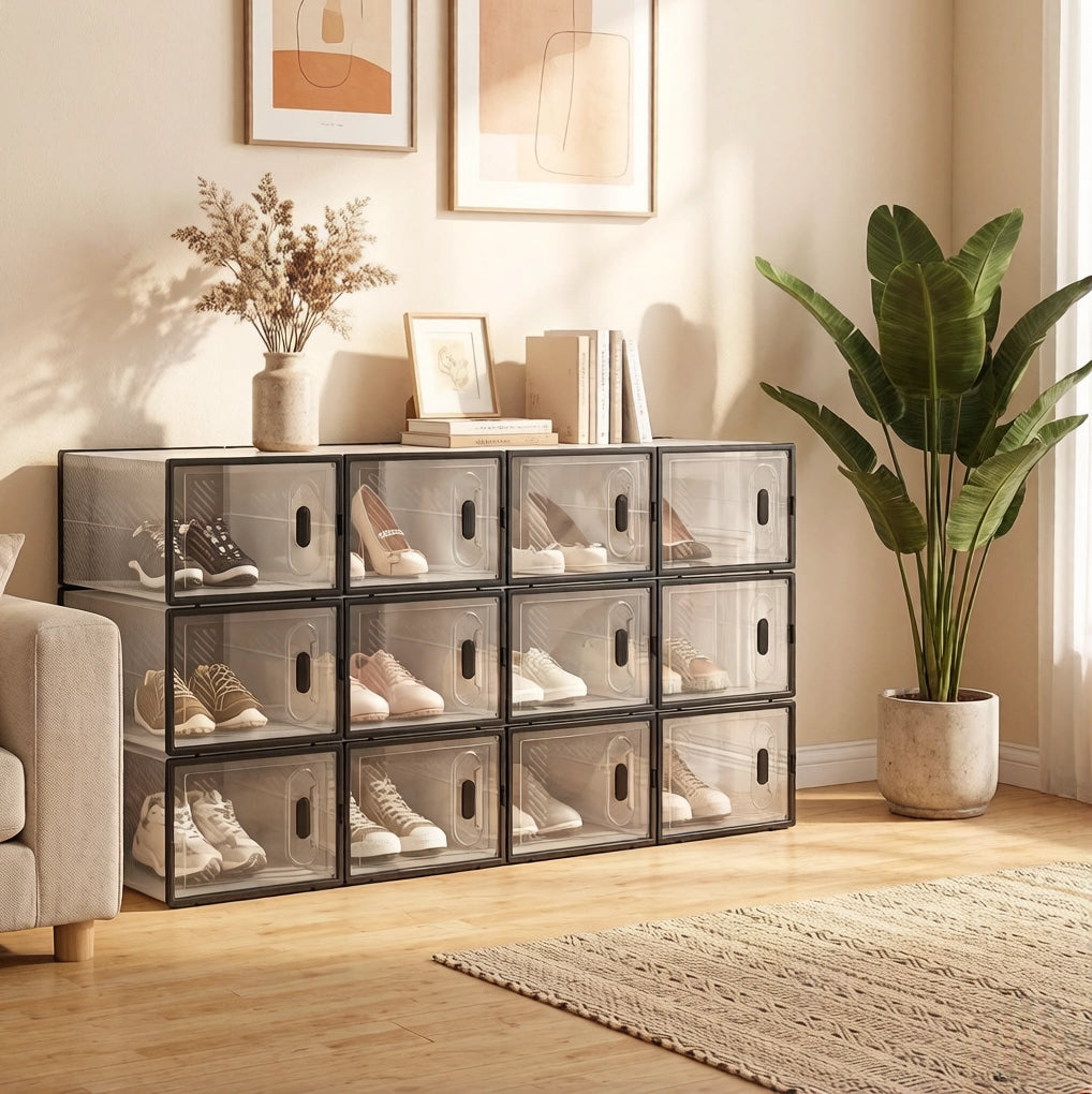 Set di 12 Scatole Impilabili per Scarpe in Plastica Trasparente e Nero, Dimensioni 25x18,5x35,5 cm