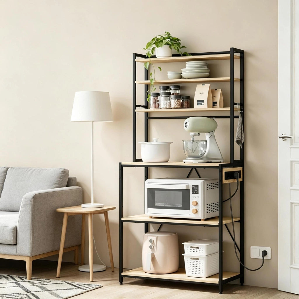 Scaffale da cucina con prese, 6 ripiani e ganci, rovere chiaro