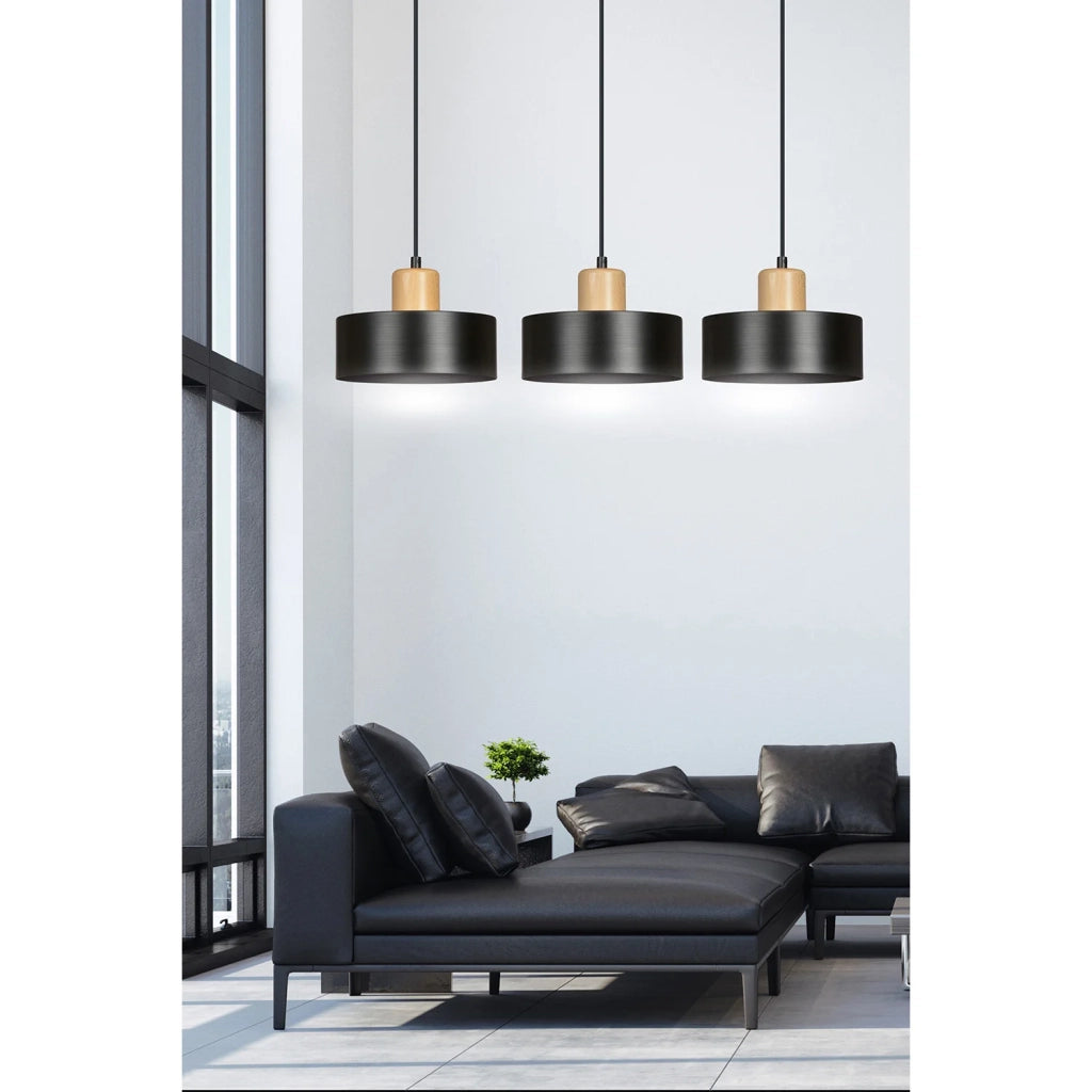 Sospensione Nordica 3 Luci Surya In Acciaio Nero E Legno