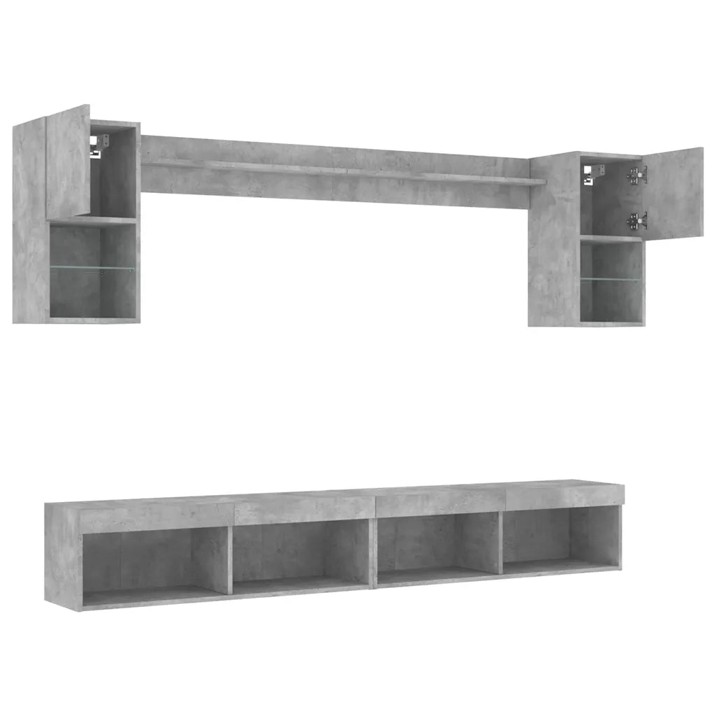 Mobili TV a Muro con LED 6pz Grigio Cemento Legno Multistrato