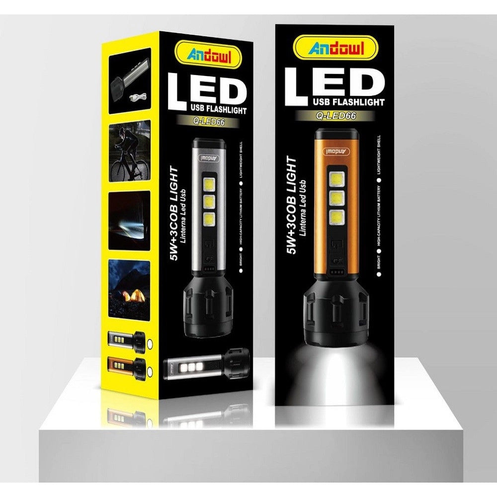 Trade Shop - Torcia Led Usb Ricaricabile 5w+3 Luci Cob Campeggio Escursionismo Caccia Q-led66 -