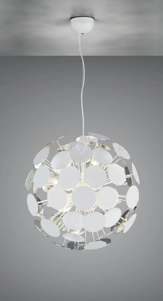 DISCALGO SOSPENSIONE SFERA TONDI METALLO BIANCO OPACO + ARGENTO D. 54CM 6 LUCI ATTACCO E14