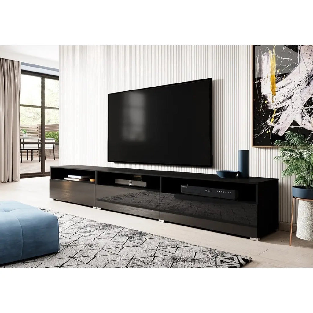 Mobile TV RAMOS nero lucido 270 cm – 3 ante ribaltabili e 3 nicchie – Design moderno