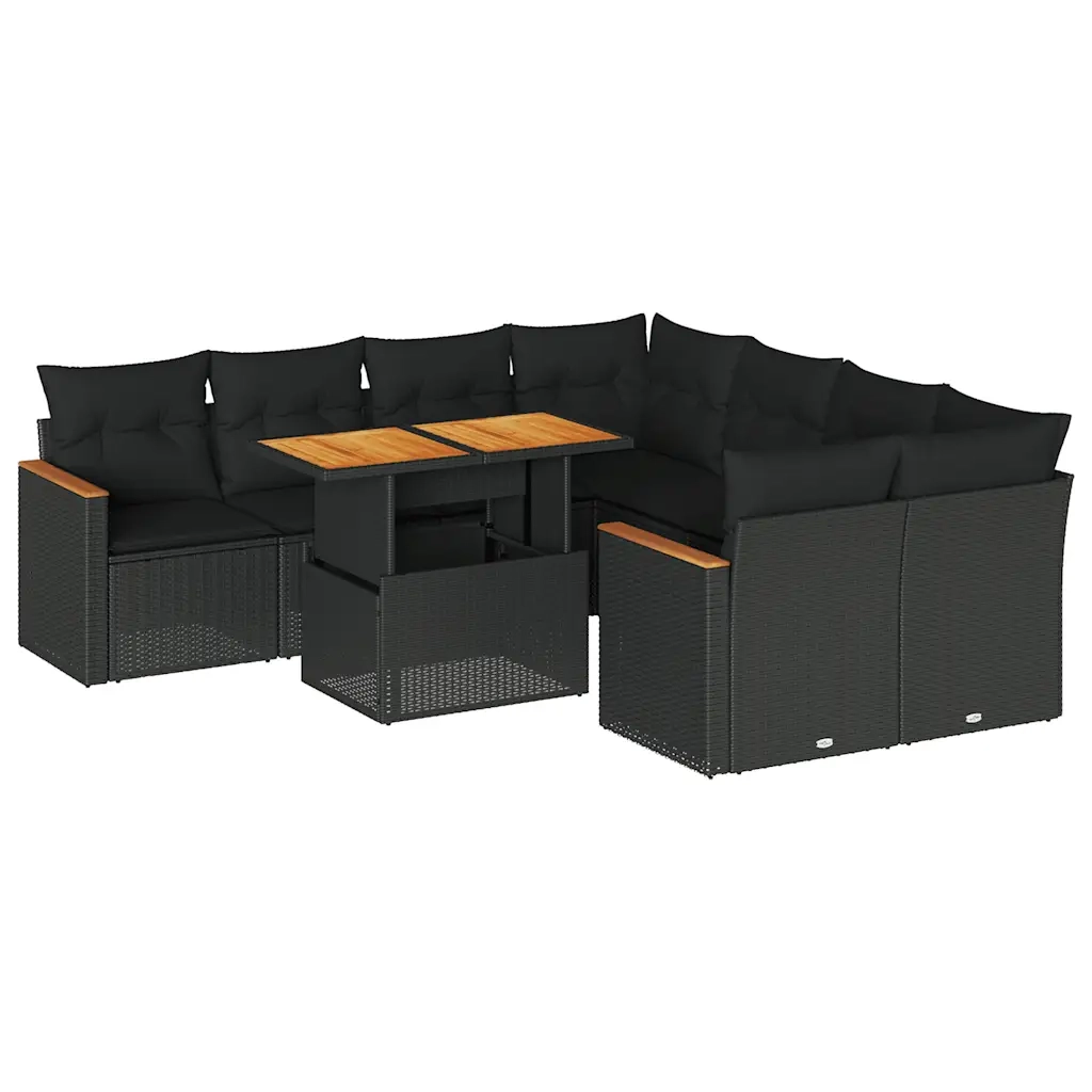 Set Divani da Giardino 9 pz con Cuscini Nero Polyrattan Acacia 3327464