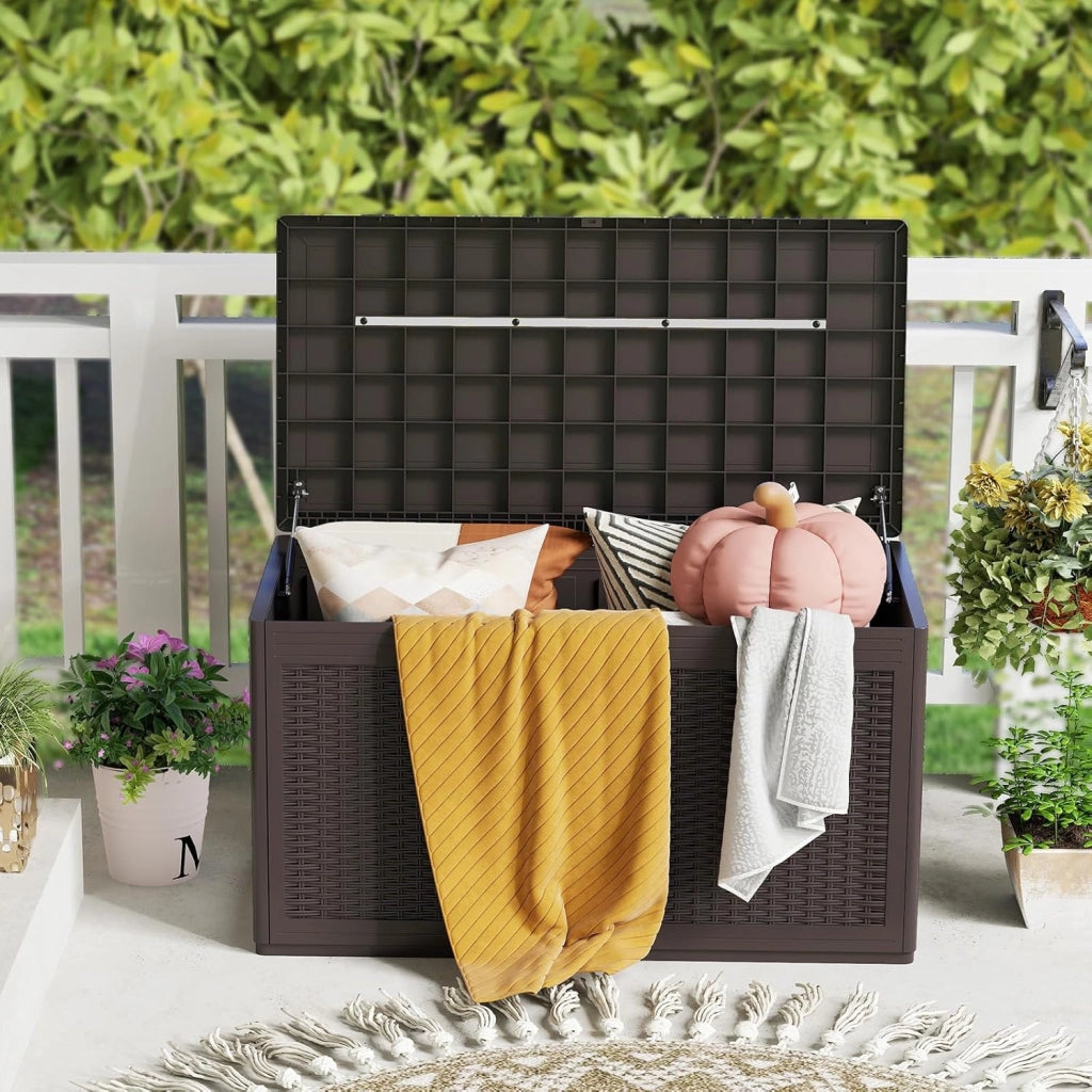 Baule da Esterno 380 L, Cassapanca Contenitore Impermeabile in Effetto Rattan con Coperchio Bloccabile e Ruote, Baule Salvaspazio per Mantenere Cuscini e Attrezzi (Marrone)