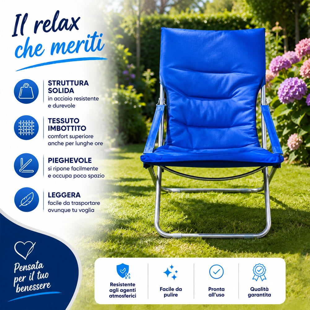 Spiaggina Sedia Canapone In Acciaio Tessuto Imbottito Pieghevole Relax Blu