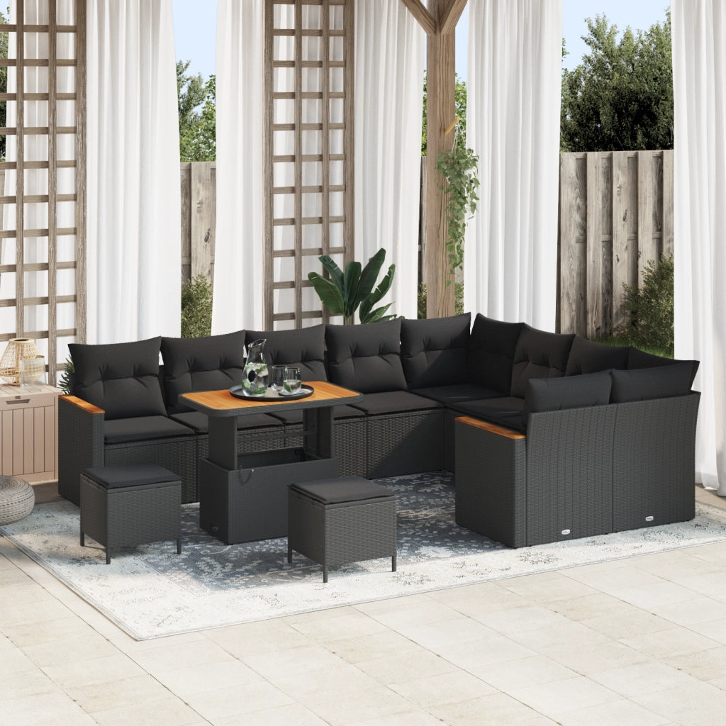 Set divano da giardino 12 Pezzi con cuscini Nero Polyrattan Acacia