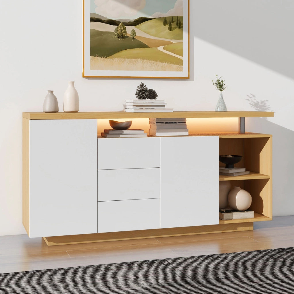 Credenza 140x40x70 cm con illuminazione LED e spazio contenitivo in truciolato bianco e rovere chiaro