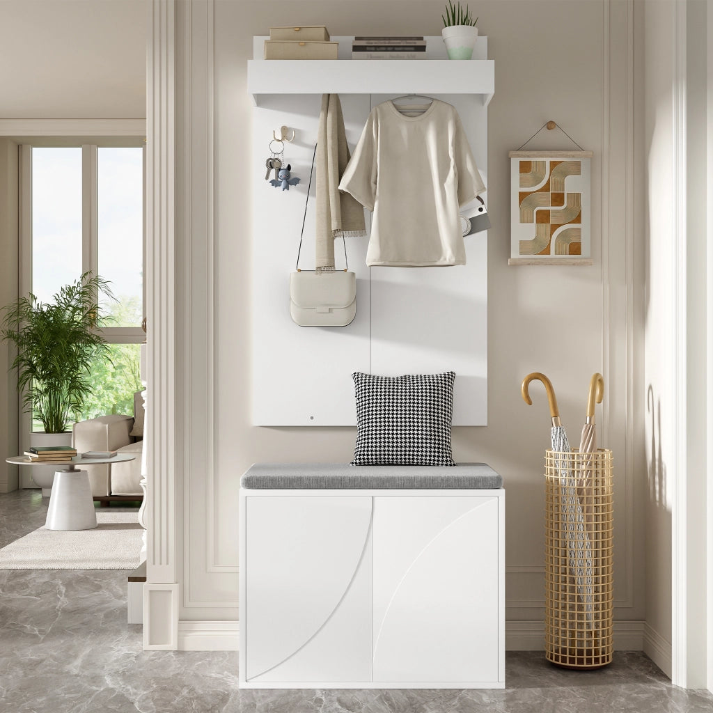 Set ingresso 3 in 1 con attaccapanni, scarpiera a 2 ante e panca porta scarpe, bianco, 60¡Á35¡Á(45+100) cm