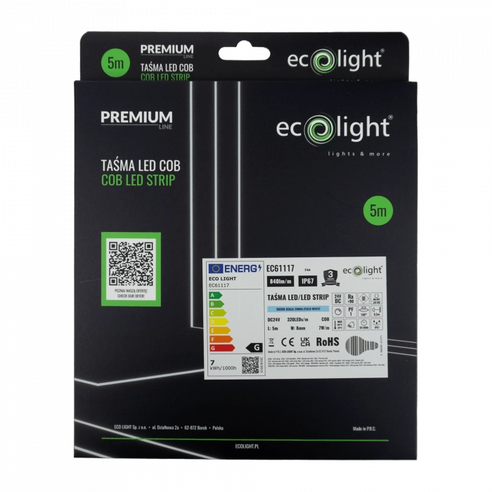 Striscia LED COB 24V IP67 5m 6000K 7W/m 840lm/m Ecolight
