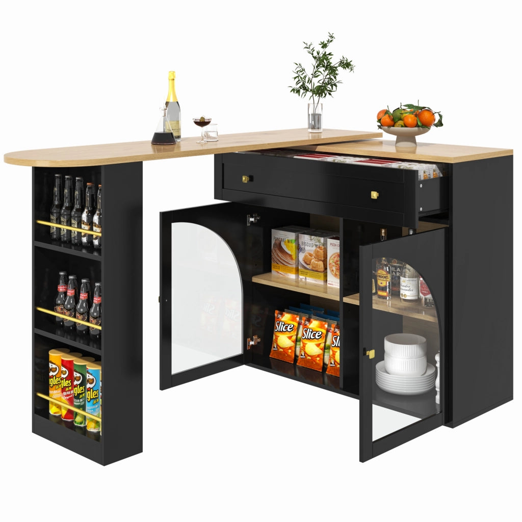Tavolo da pranzo allungabile con scaffale laterale a 3 ripiani e ante in vetro girevole per cucina 138-204x39x104 cm