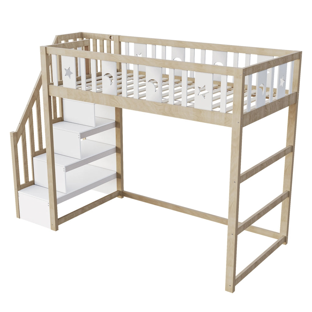 DESMIU Letto a soppalco per bambini 1 posto con scala, ripiani e sponde, 90 × 200 cm, senza materasso