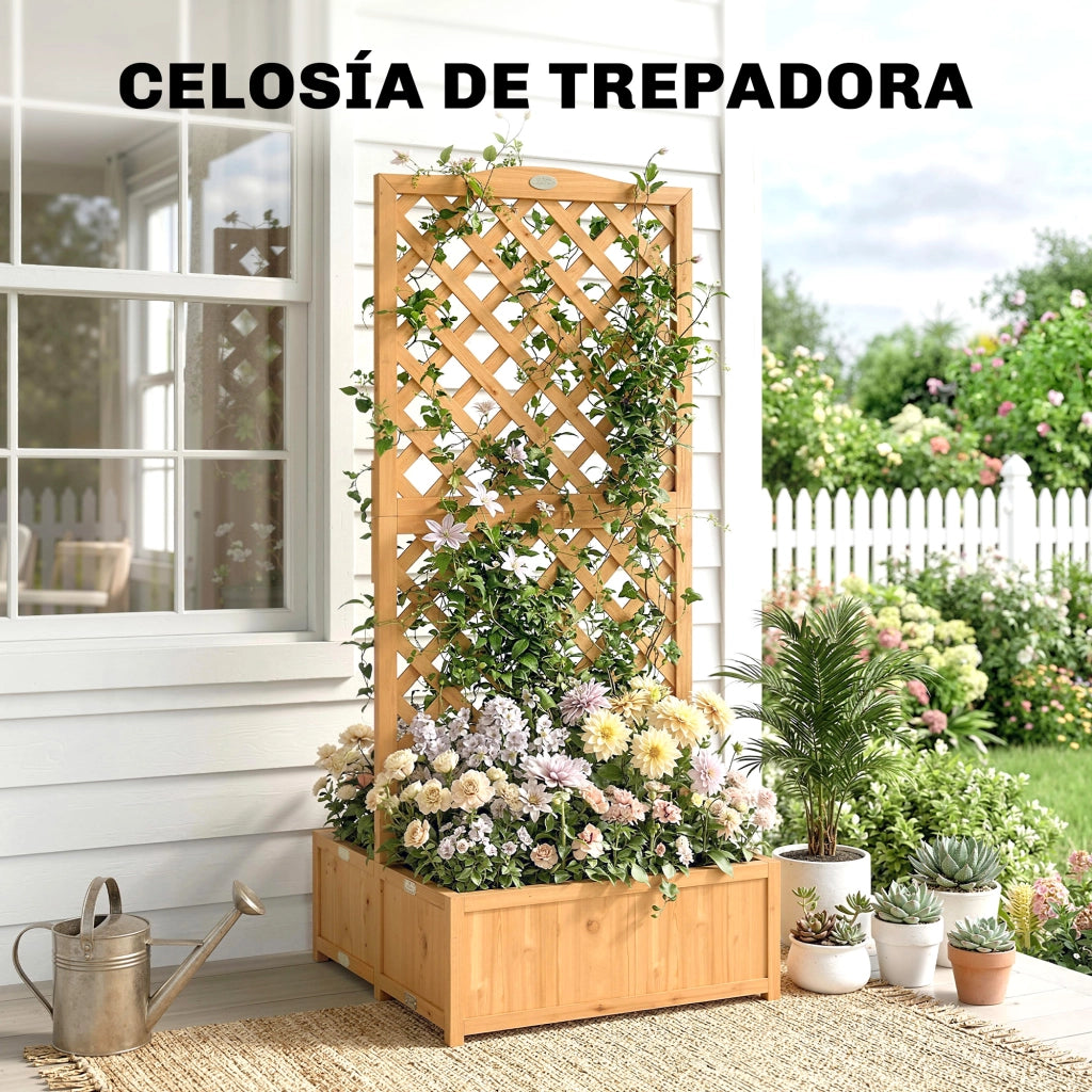 Fioriera con Griglia in Legno per Piante Rampicanti con 2 Contenitori Pieghevoli ¨C zephmum ¨C Legno Naturale 73x70x170 cm