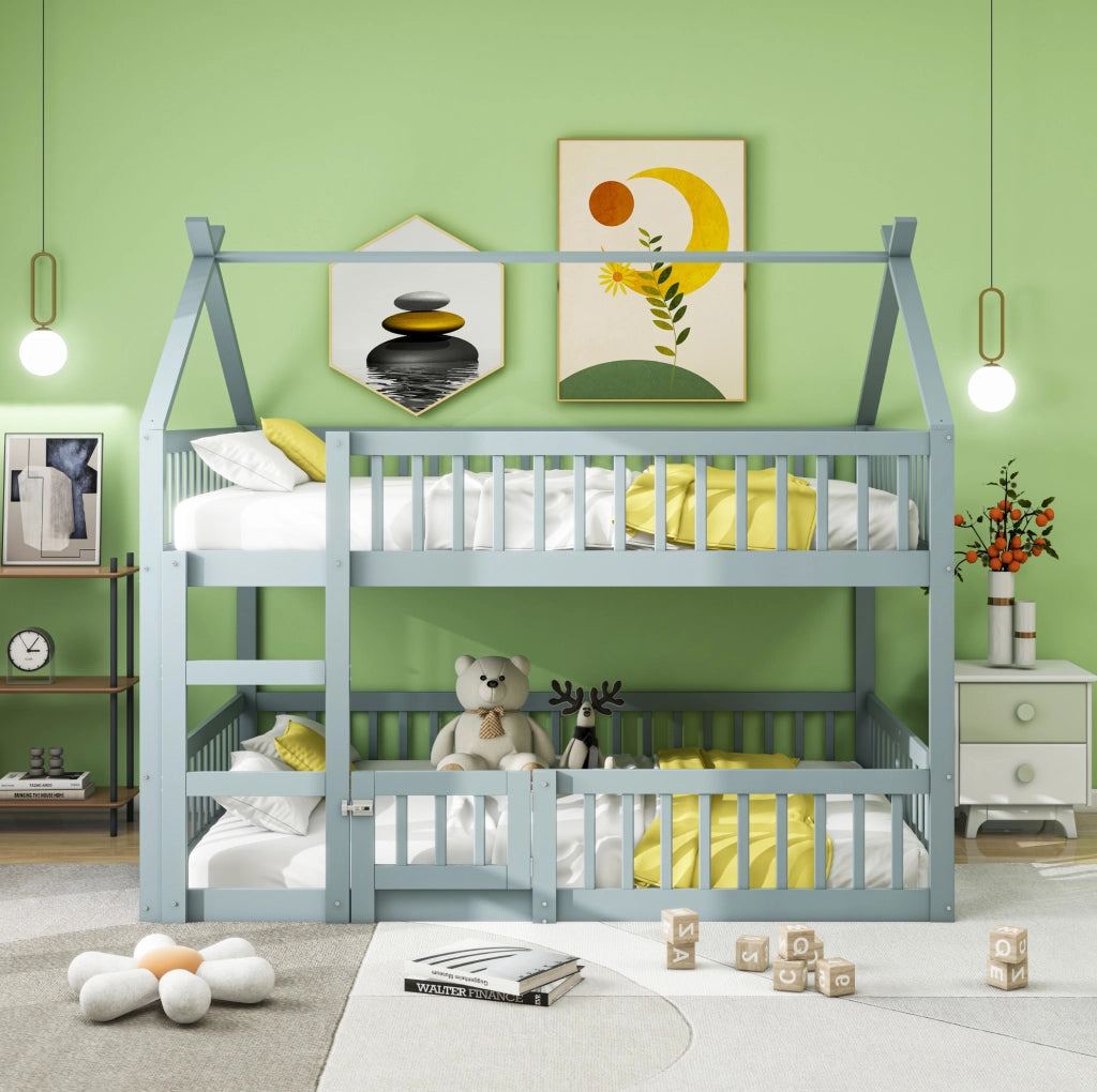 Letto a castello per bambini 140x200 cm con scala; design alto e basso; grigio