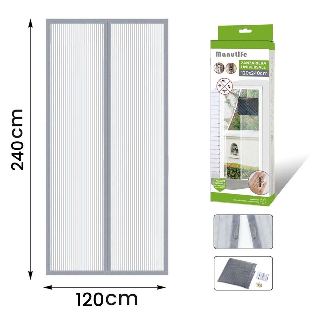 Trade Shop - Zanzariera Universale 120x240cm Grigia Chiusura Automatica Magnetica Porte Finestre 614334 -