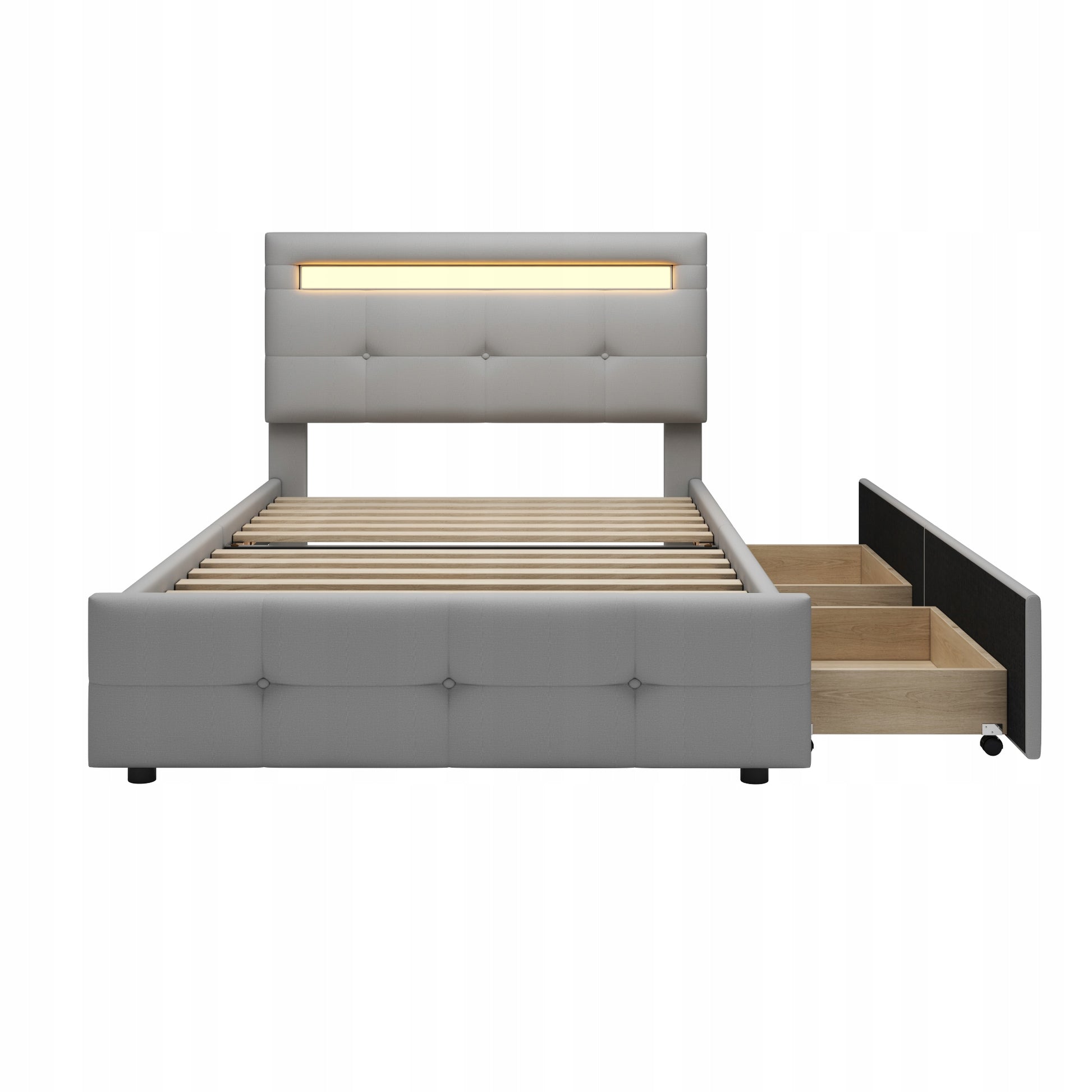 Letto singolo per bambini con LED e 2 cassetti - Xylo - 90x200 - Grigio