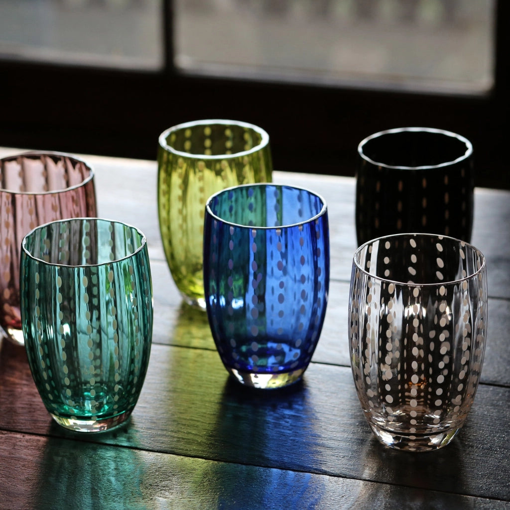 Zafferano Perle Bicchiere Verde - Vetro Colorato Soffiato a Bocca, 32 cl, Lavorato a Mano - Set da 2 Tumblers Artigianali per Acqua o Cocktail
