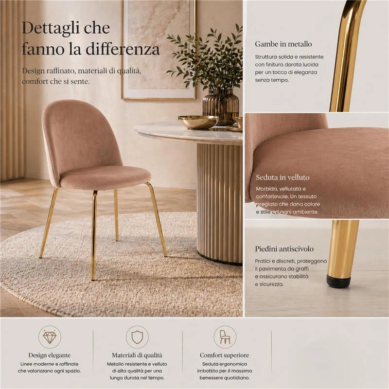 SET 4 SEDIE IN VELLUTO MARRONE CON PIEDI IN METALLO COLOR ORO MISURE: 42X53,5X86,5/47 CM