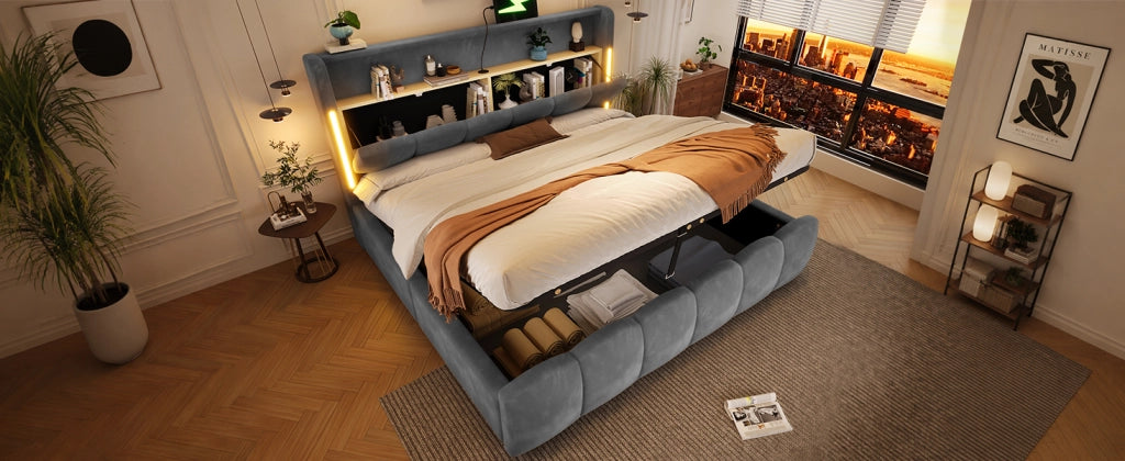 Letto imbottito 180x200 cm in velluto grigio con LED; contenitore e porte USB