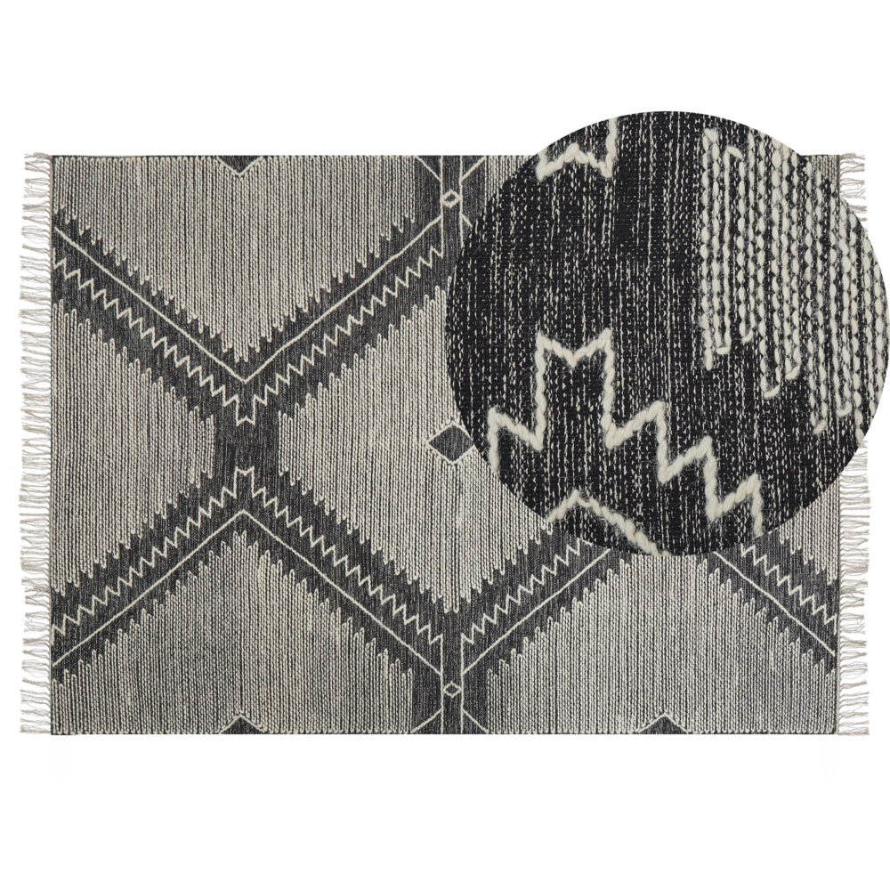 Tappeto in cotone bianco panna nero 140 x 200 cm lana motivo geometrico nappe orientale tribale