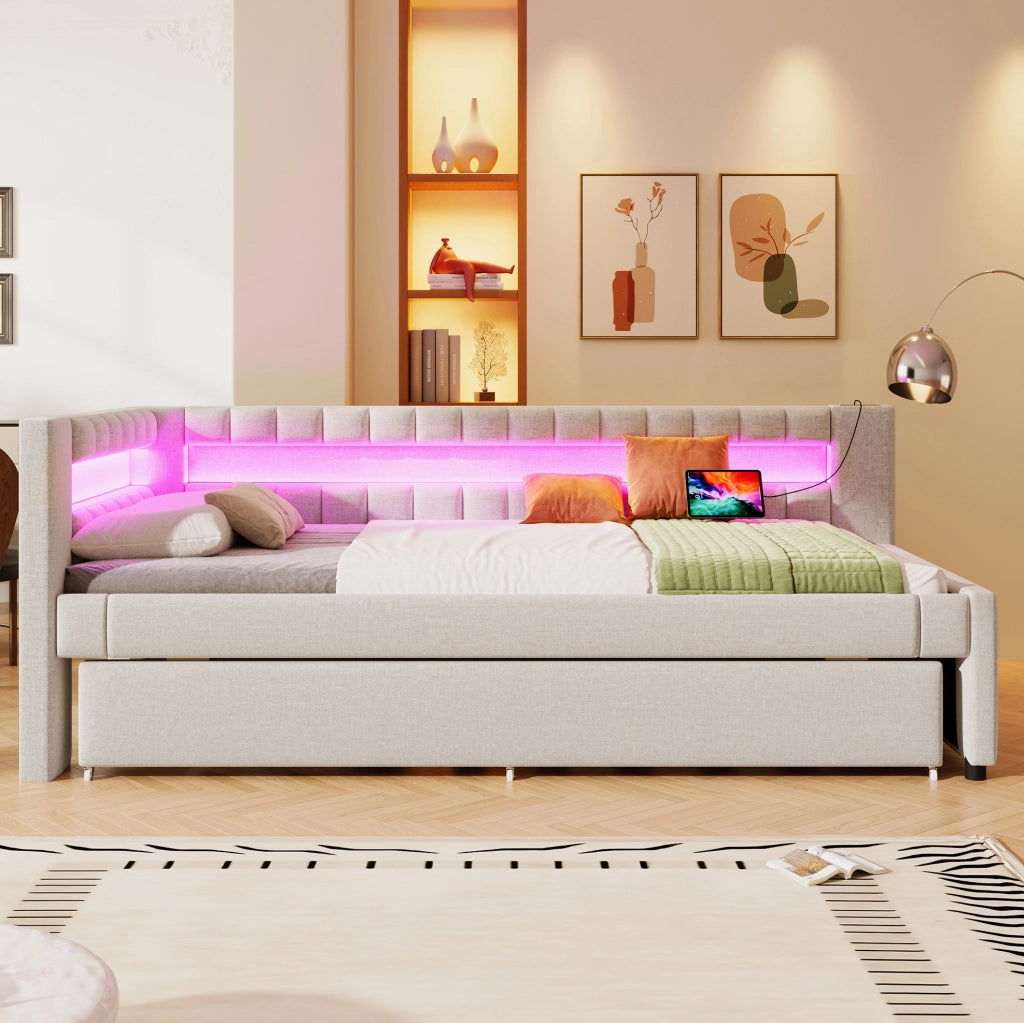 Letto 90x200 cm con LED; letto estraibile; USB e Type-C in lino beige